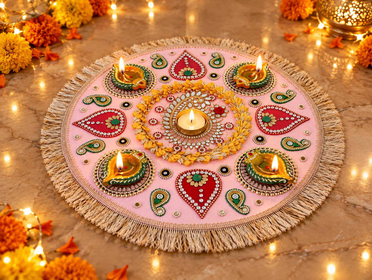 Pastel Paisley Rangoli – Round Diwali Tealight Decor with Fringe, 14 in