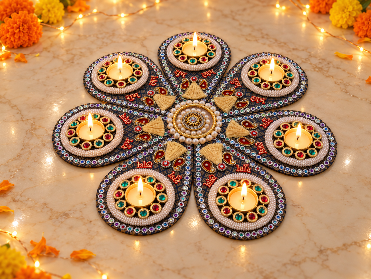 Midnight Jewel Rangoli – Seven-Petal Diwali Tealight Centerpiece, 20 in