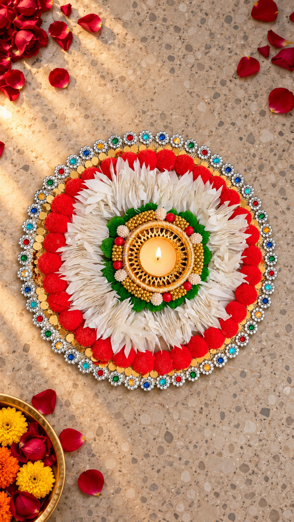 Red & White Pompom Rangoli – Handmade Diwali Tealight Centerpiece, 25 in