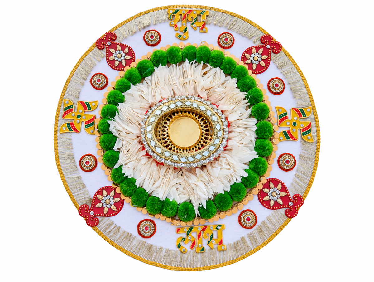 Green & White Pompom Rangoli – Handmade Diwali Tealight Decor, 14 in
