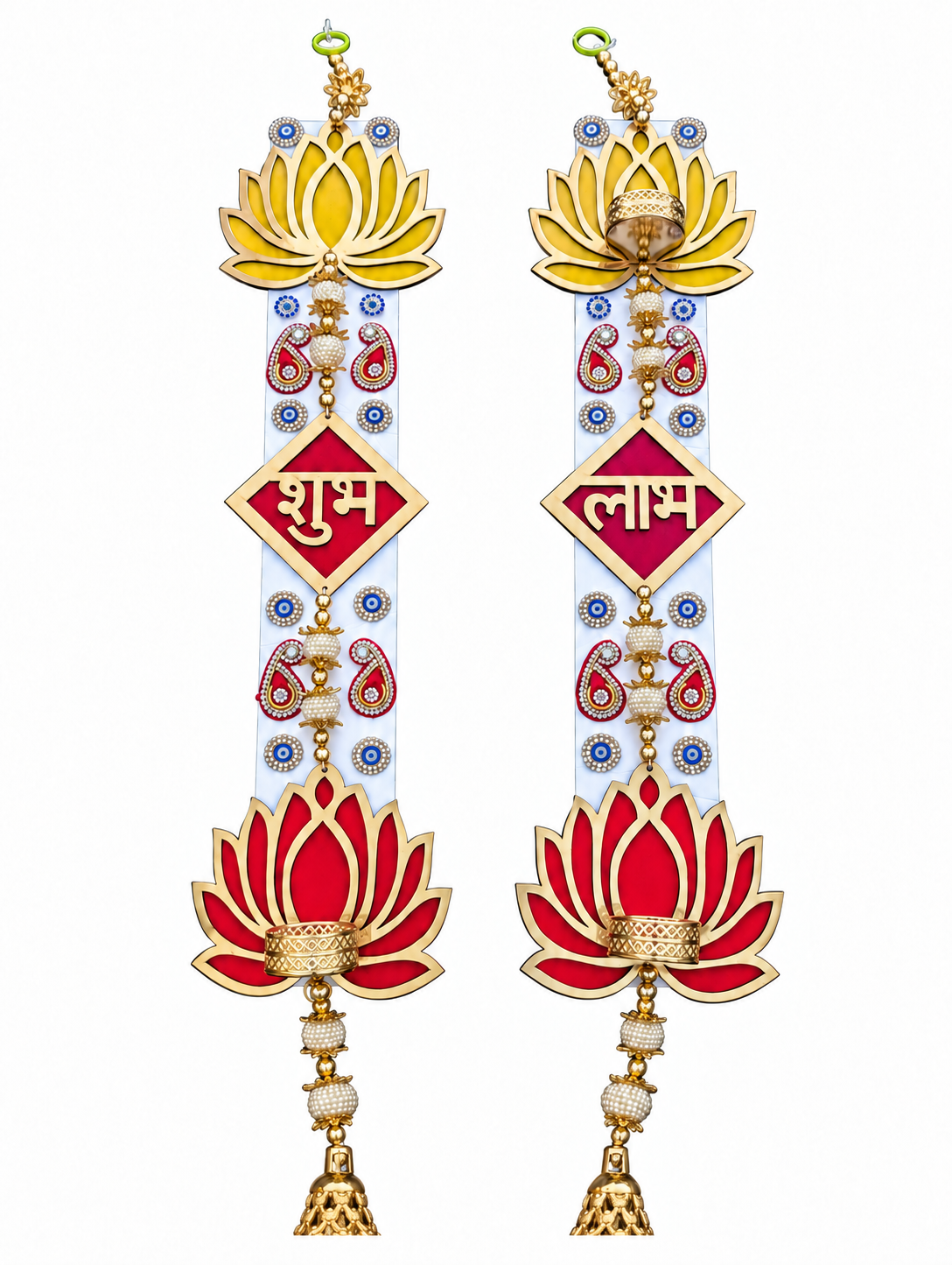 Shubh Labh Wall Hanging Pair – Handmade Lotus Diwali Door Decor, 3 × 18 in Each