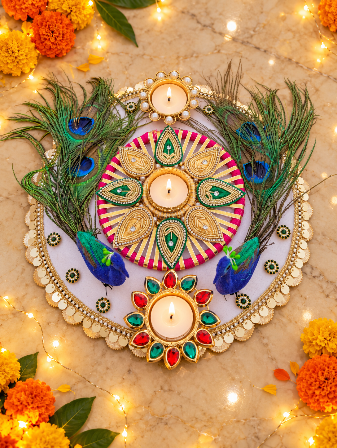 Peacock Feather Rangoli – Ivory Handmade Diwali Tealight Decor, 12 in