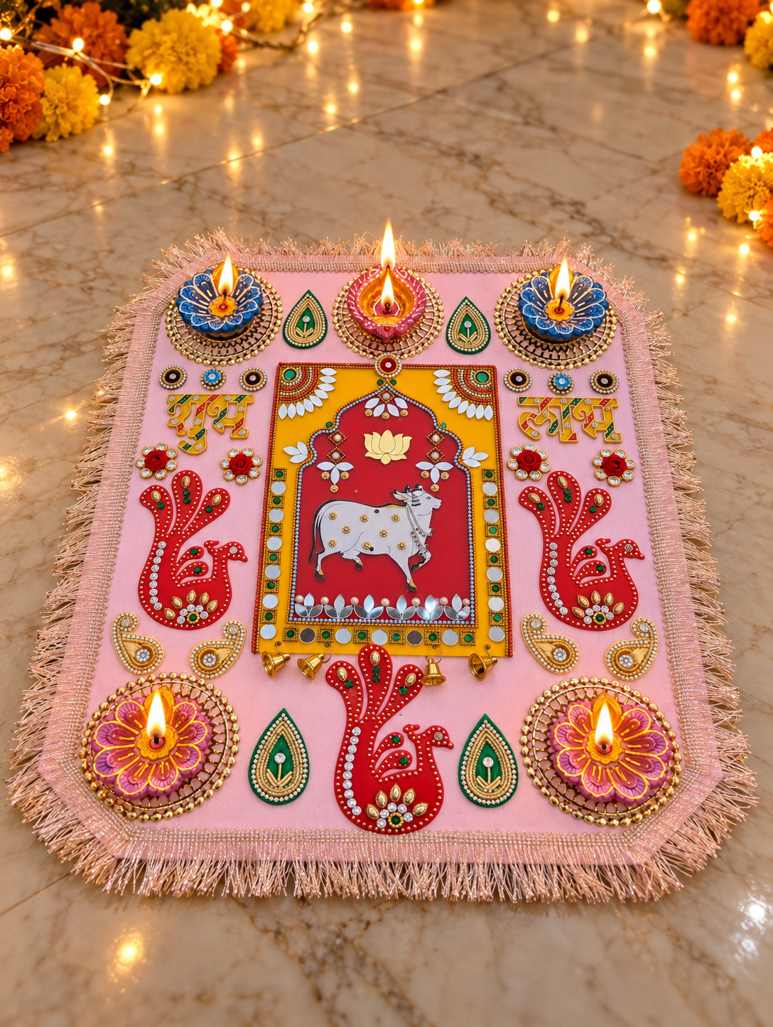 Sacred Cow Rangoli – Handmade Lotus & Paisley Diwali Diya Decor, 12 × 16 in
