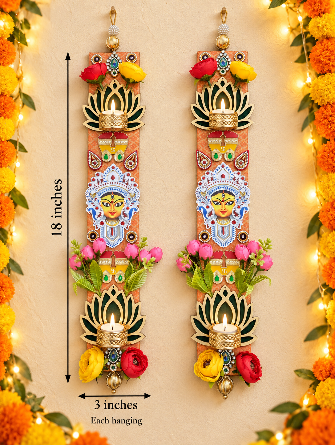 Mataji Footprint Wall Hanging Pair – Handmade Lotus Diwali Decor, 3 × 18 in Each