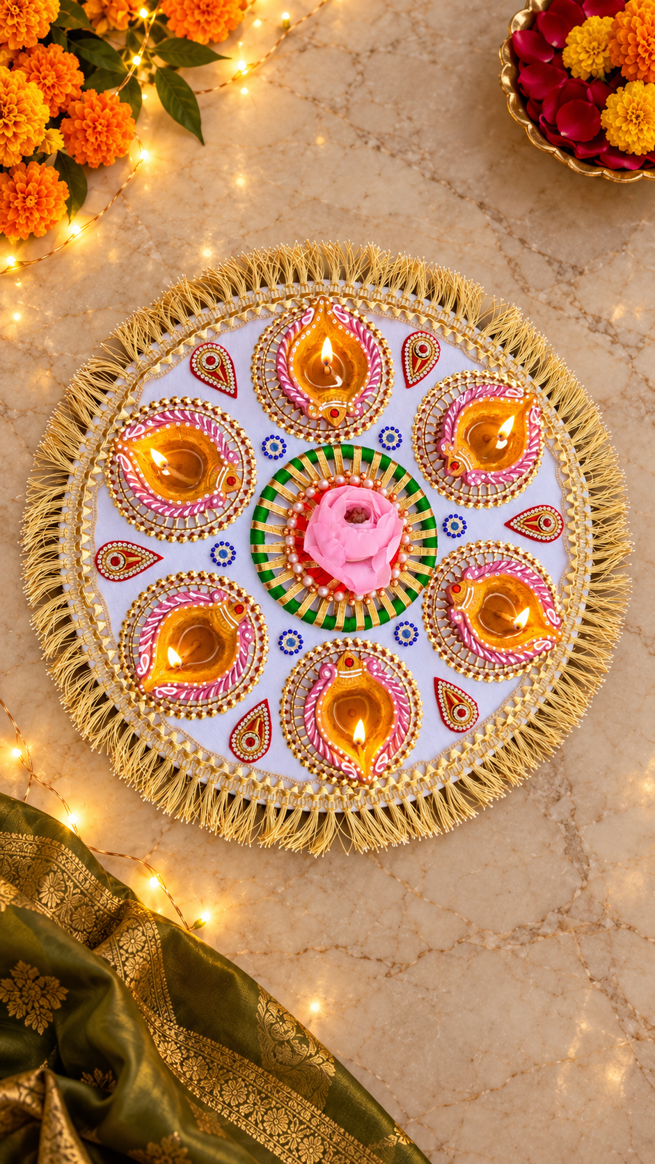 Pink Diya Bloom Rangoli – Handmade Six-Diya Diwali Floor Decor, 13 in