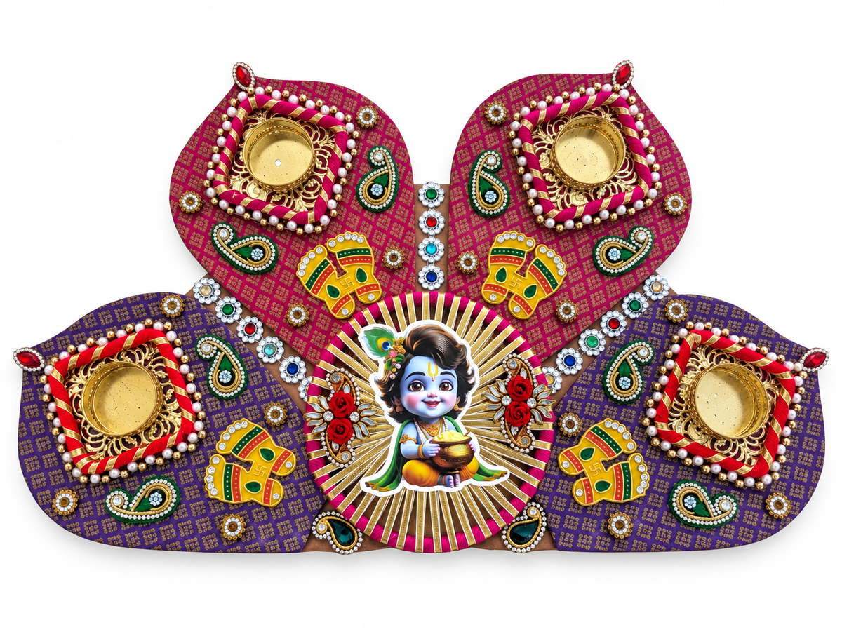 Little Krishna Rangoli – Magenta & Purple Half-Circle Diwali Tealight Decor, 17 in