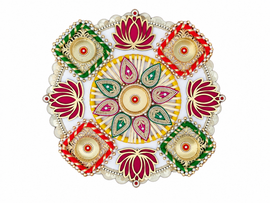 Lotus Celebration Rangoli – Red & Green Diwali Tealight Decor, 12 in
