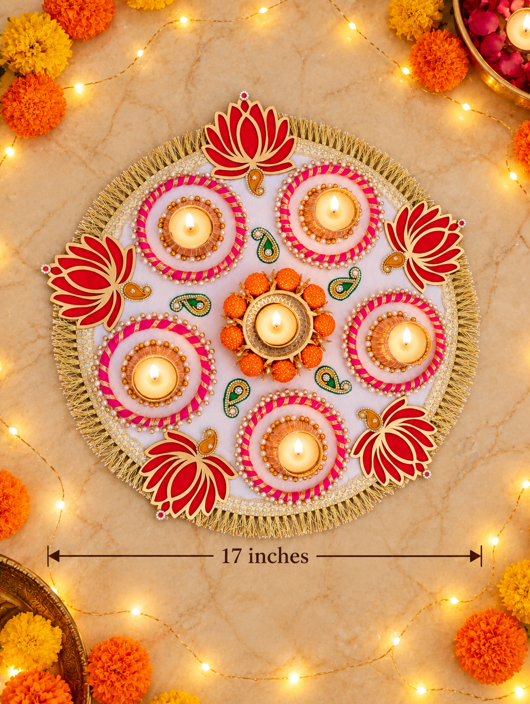Crimson Lotus Rangoli – Round Diwali Tealight Centerpiece, 17 in