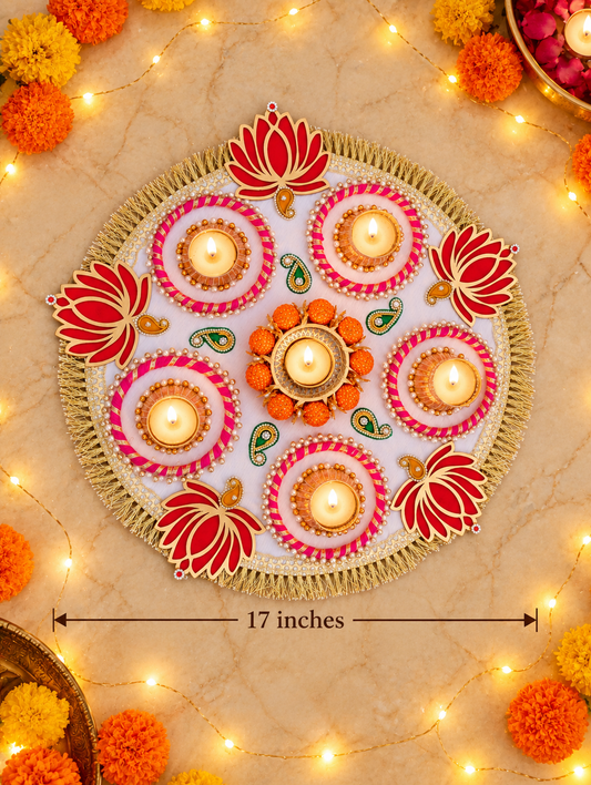 Crimson Lotus Rangoli – Round Diwali Tealight Centerpiece, 17 in