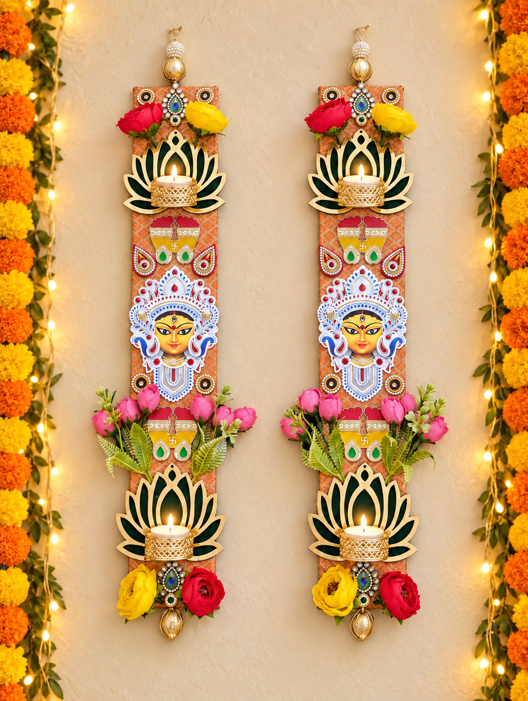 Mataji Footprint Wall Hanging Pair – Handmade Lotus Diwali Decor, 3 × 18 in Each
