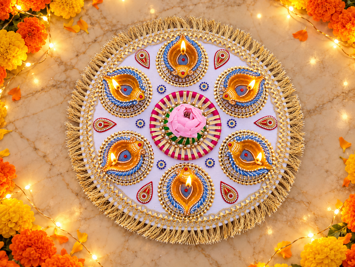 Blue Diya Bloom Rangoli – Handmade Six-Diya Diwali Floor Decor, 13 in