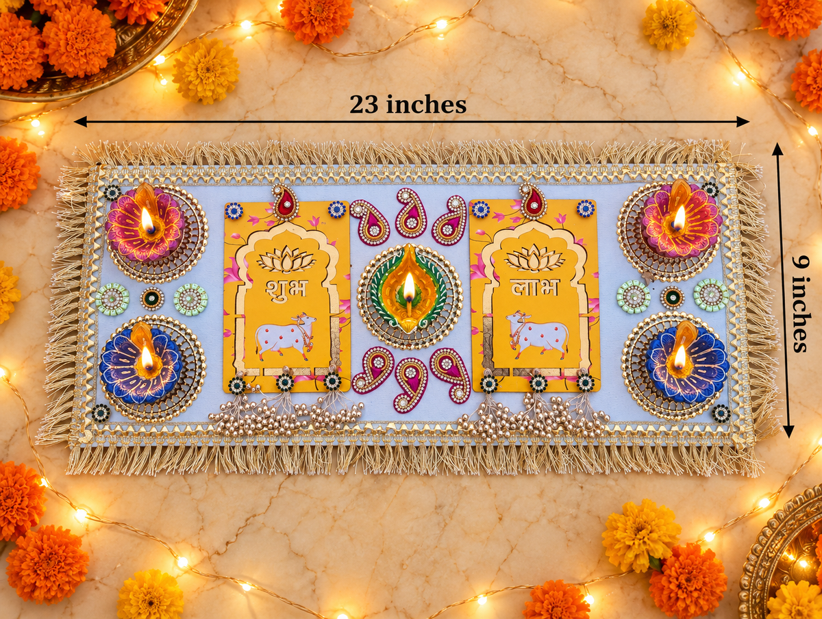 Shubh Labh Cow Rangoli – Handmade Diwali Diya Decor, 23 × 9 in