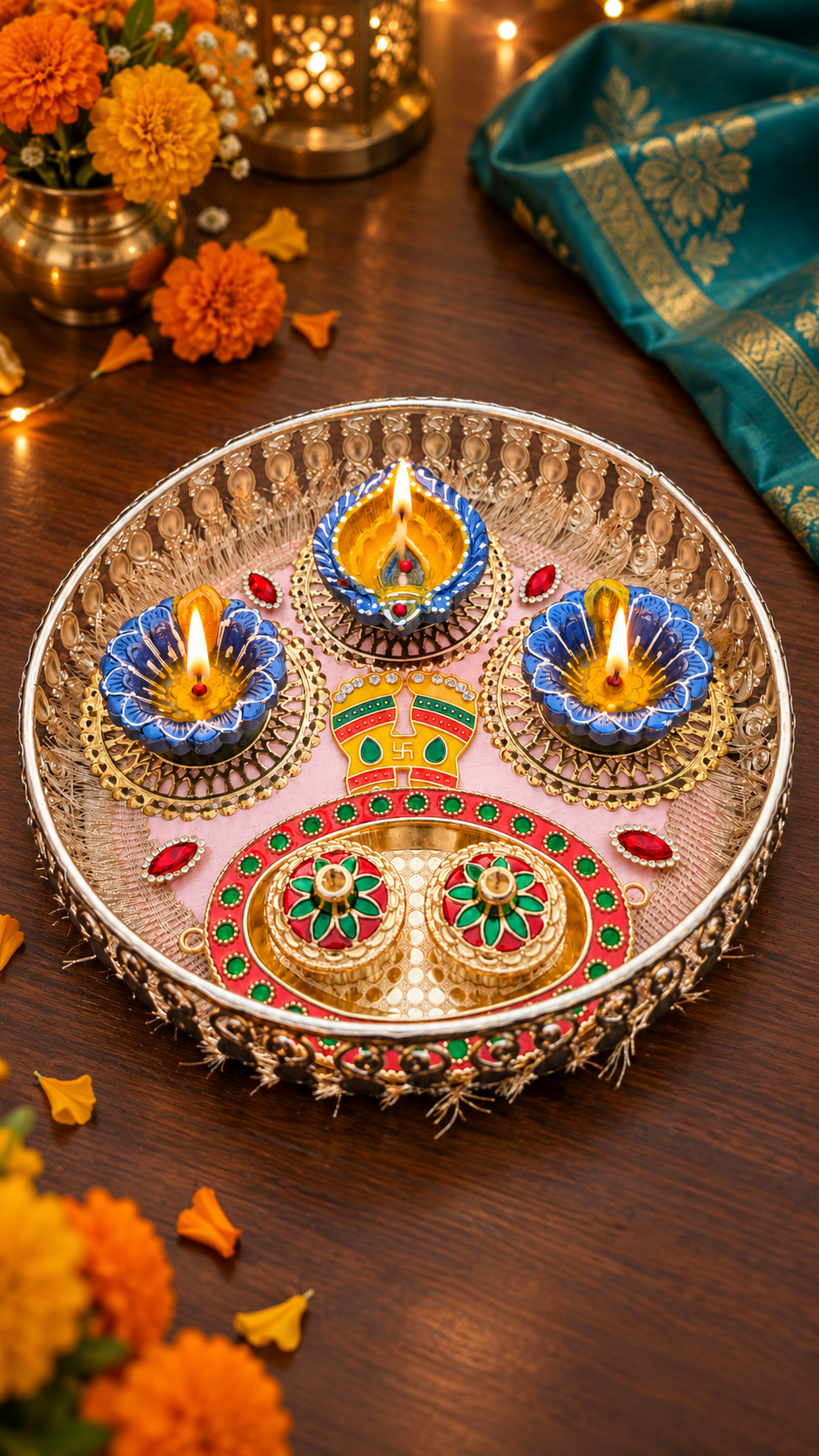 Jeweled Aarti Thali – Handmade Decorated Metal Puja Plate, 9 in