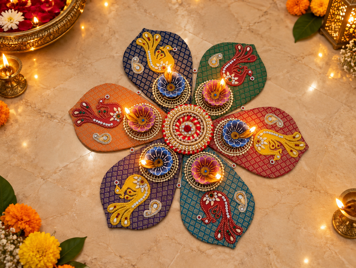 Peacock Petal Rangoli – Multicolor Handmade Diwali Decor with Diyas, 20 in