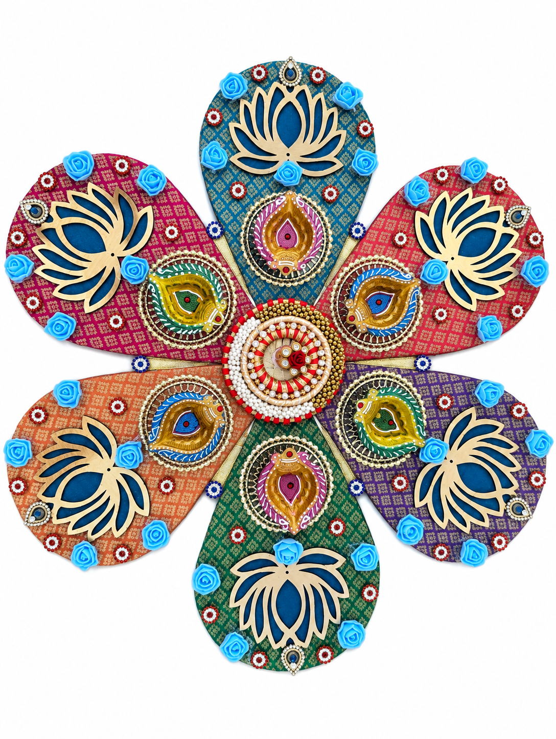 Lotus Petal Rangoli – Multicolor Handmade Diwali Decor with Diyas, 20 in