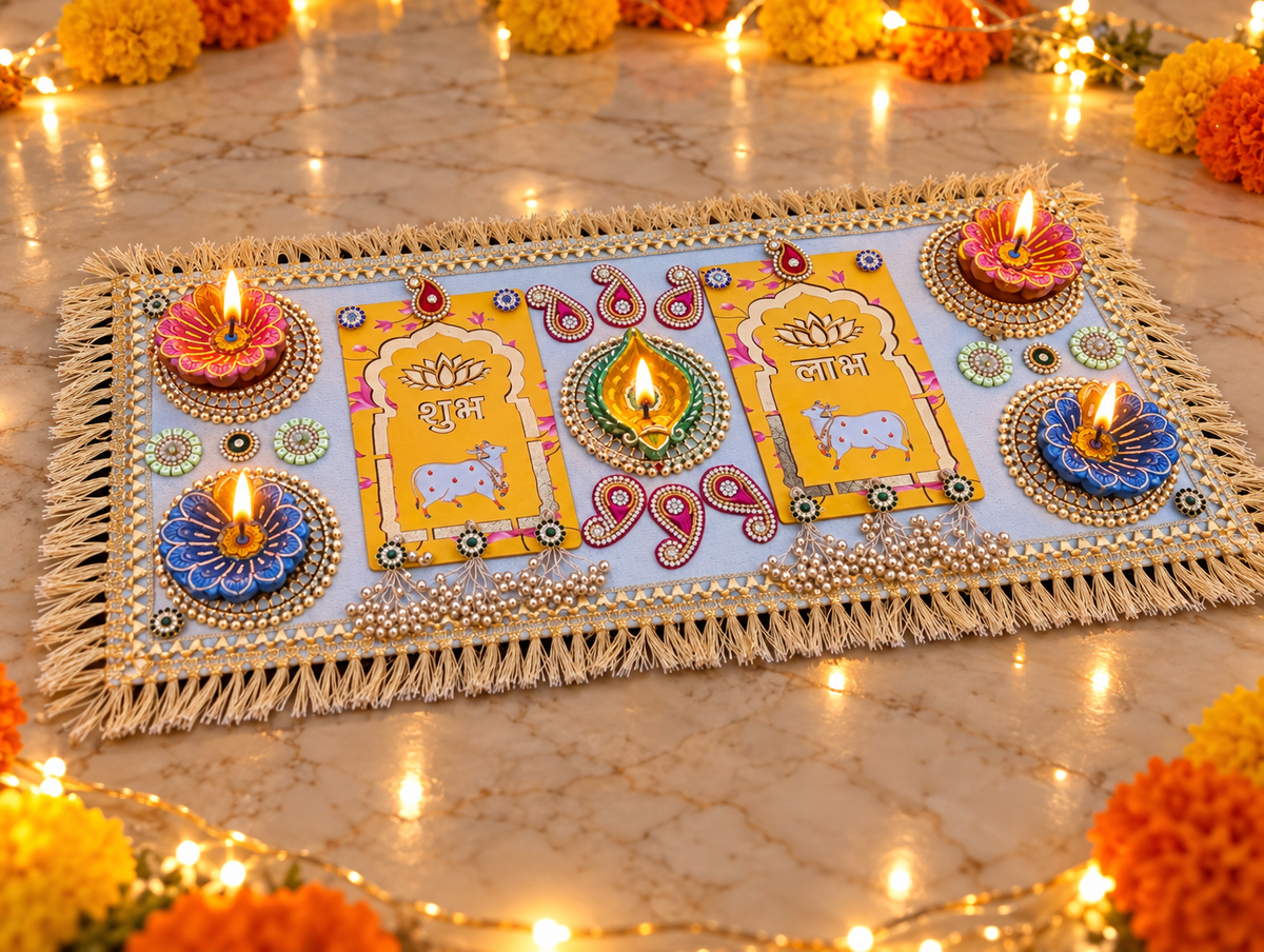 Shubh Labh Cow Rangoli – Handmade Diwali Diya Decor, 23 × 9 in