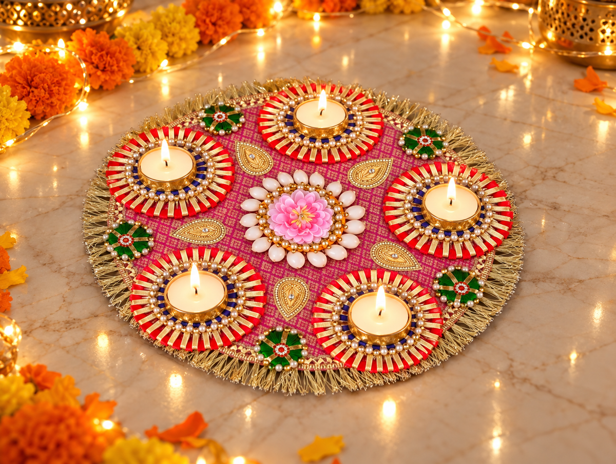 Rose Paisley Rangoli – Handmade Five-Light Diwali Centerpiece, 14 in
