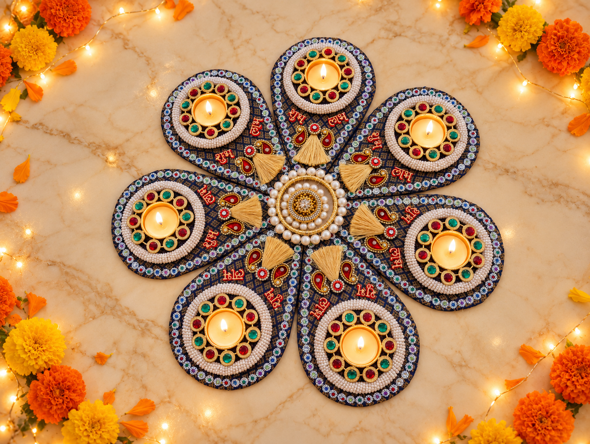 Midnight Jewel Rangoli – Seven-Petal Diwali Tealight Centerpiece, 20 in