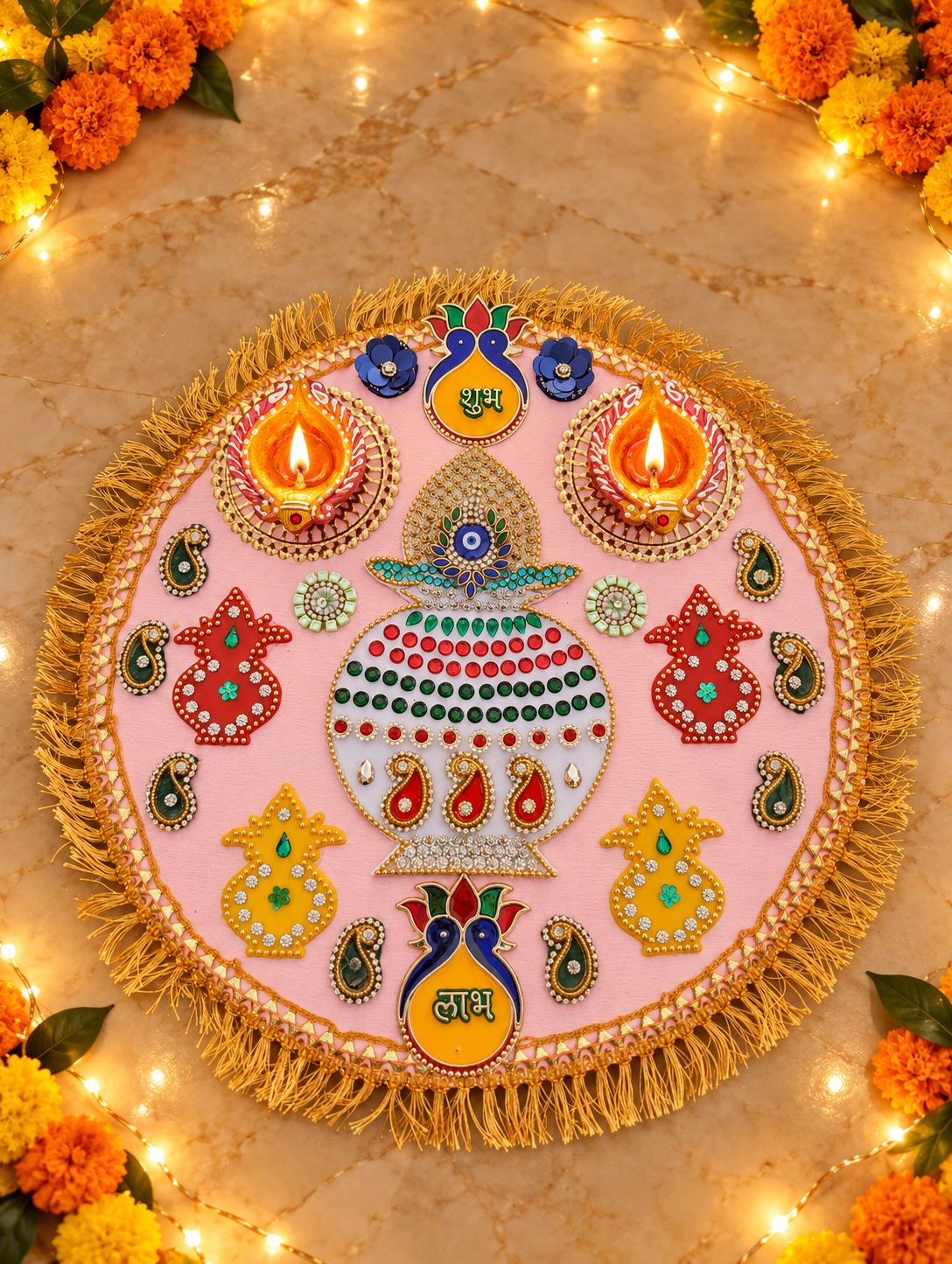 Kalash Blessings Rangoli – Handmade Diwali Decor with Diyas, 13 in