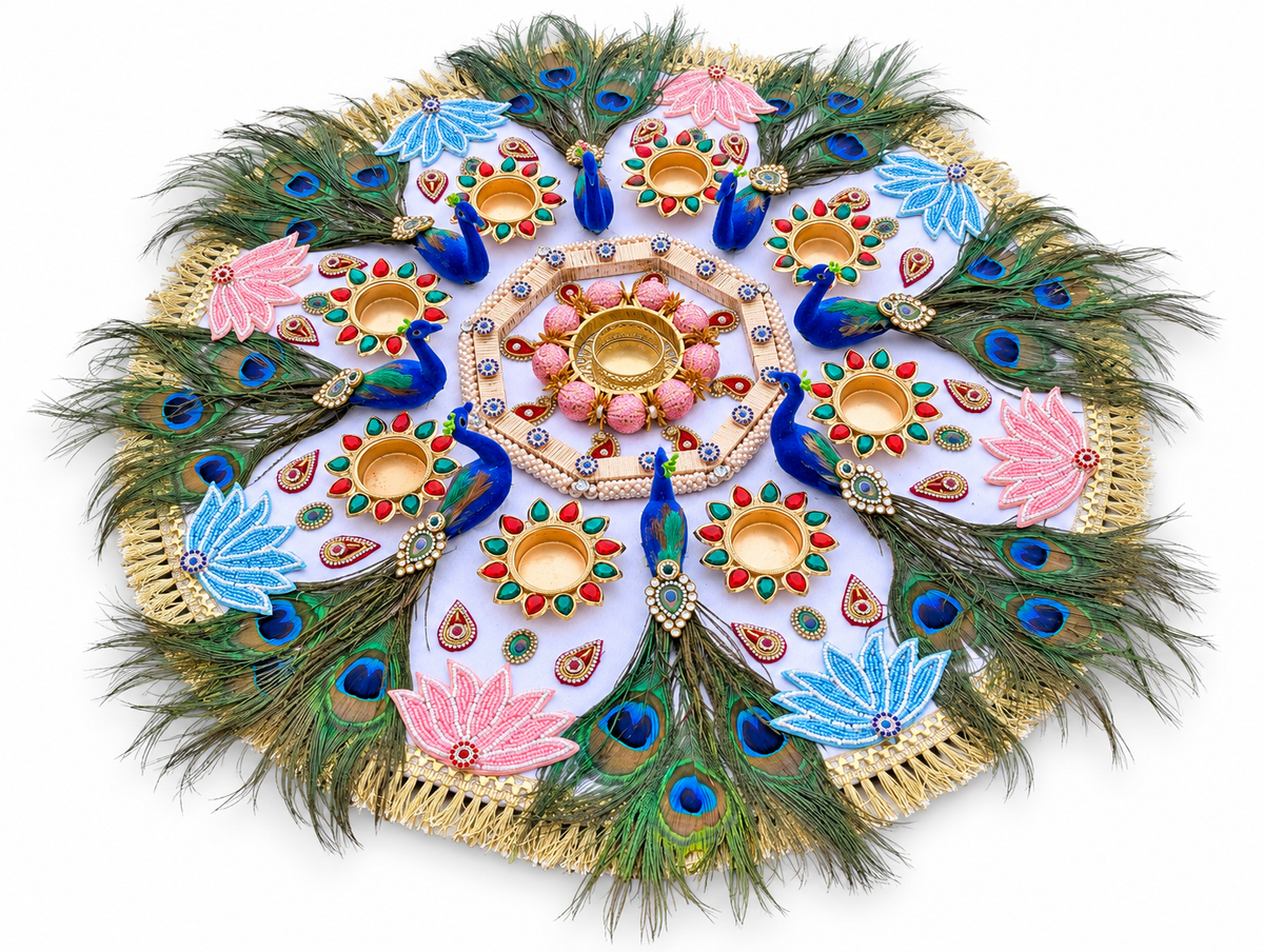 Grand Peacock Garden Rangoli – Lotus & Feather Diwali Centerpiece, 26 in