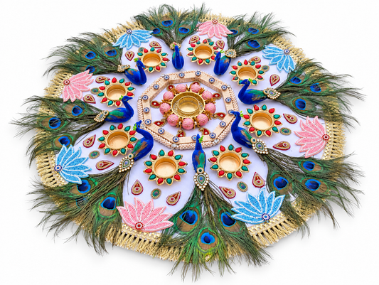 Grand Peacock Garden Rangoli – Lotus & Feather Diwali Centerpiece, 26 in