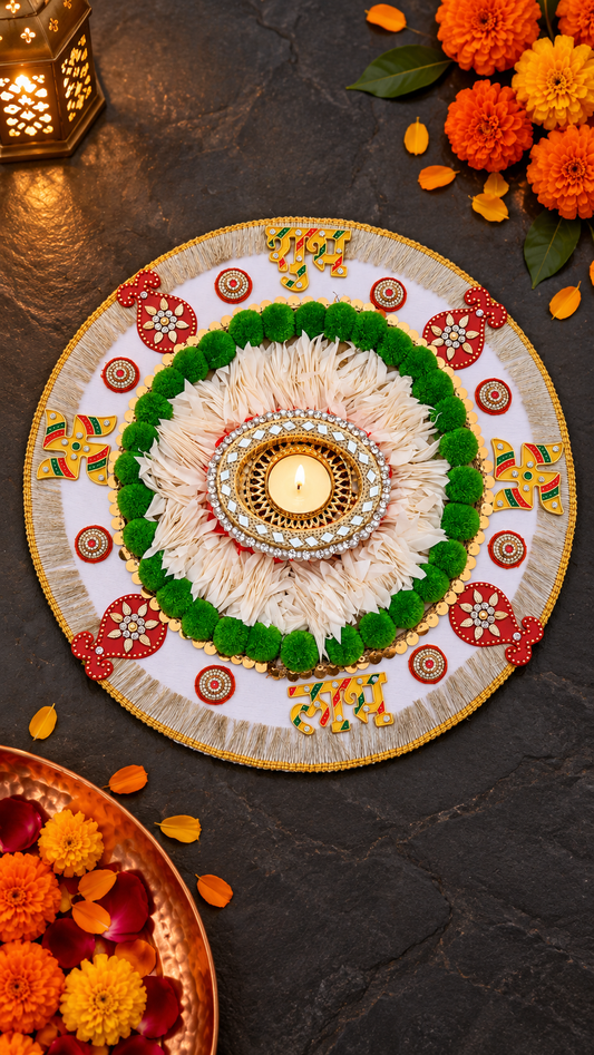 Green & White Pompom Rangoli – Handmade Diwali Tealight Decor, 14 in