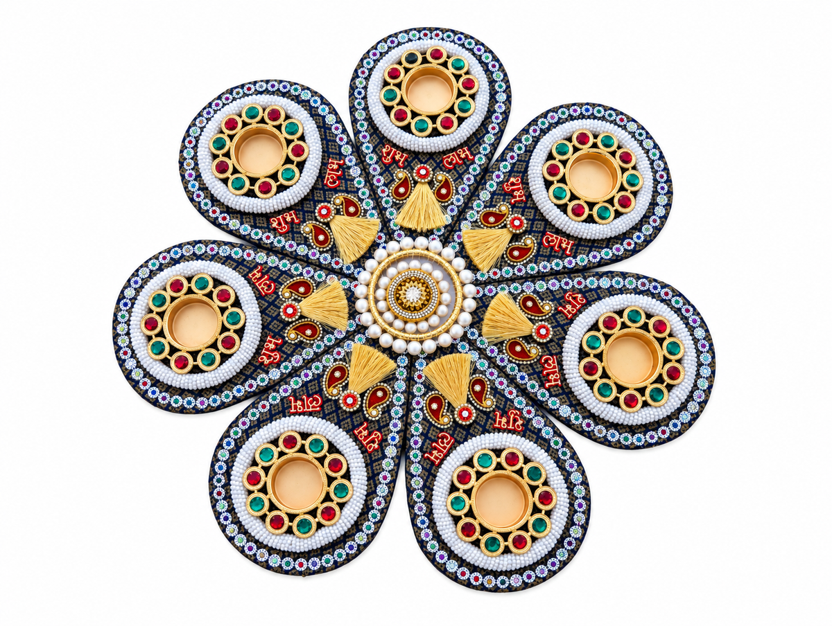 Midnight Jewel Rangoli – Seven-Petal Diwali Tealight Centerpiece, 20 in