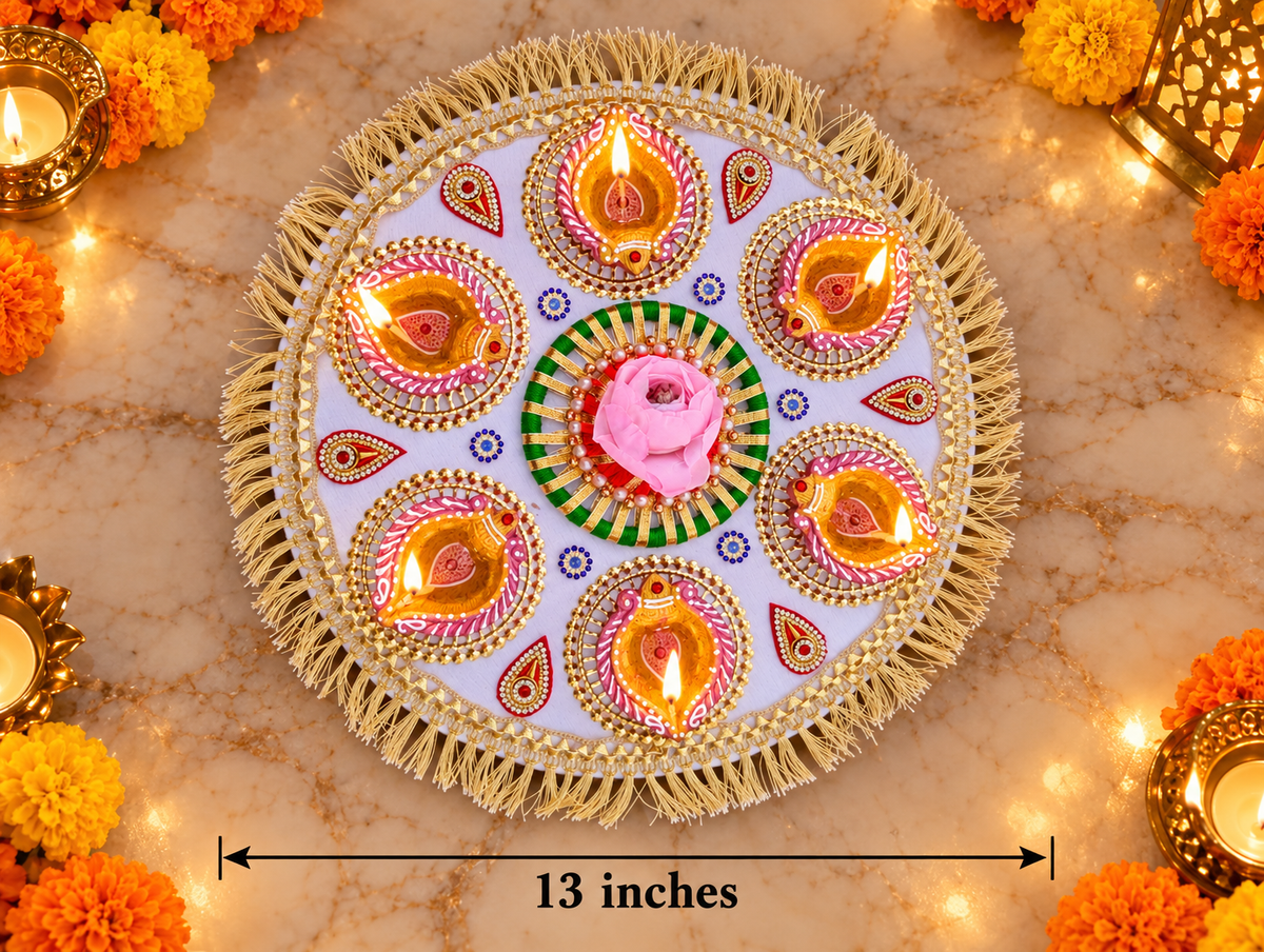 Pink Diya Bloom Rangoli – Handmade Six-Diya Diwali Floor Decor, 13 in