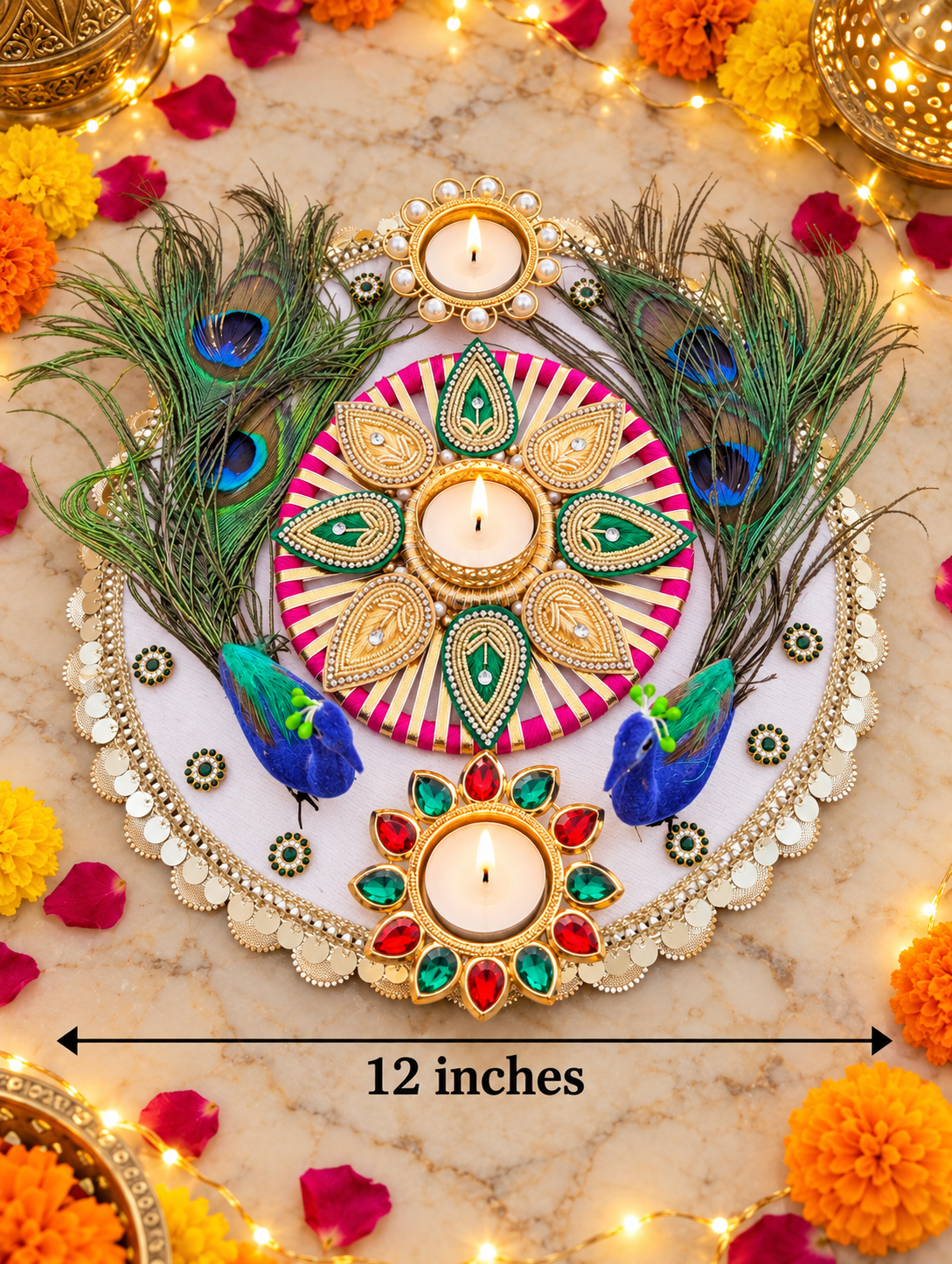Peacock Feather Rangoli – Ivory Handmade Diwali Tealight Decor, 12 in