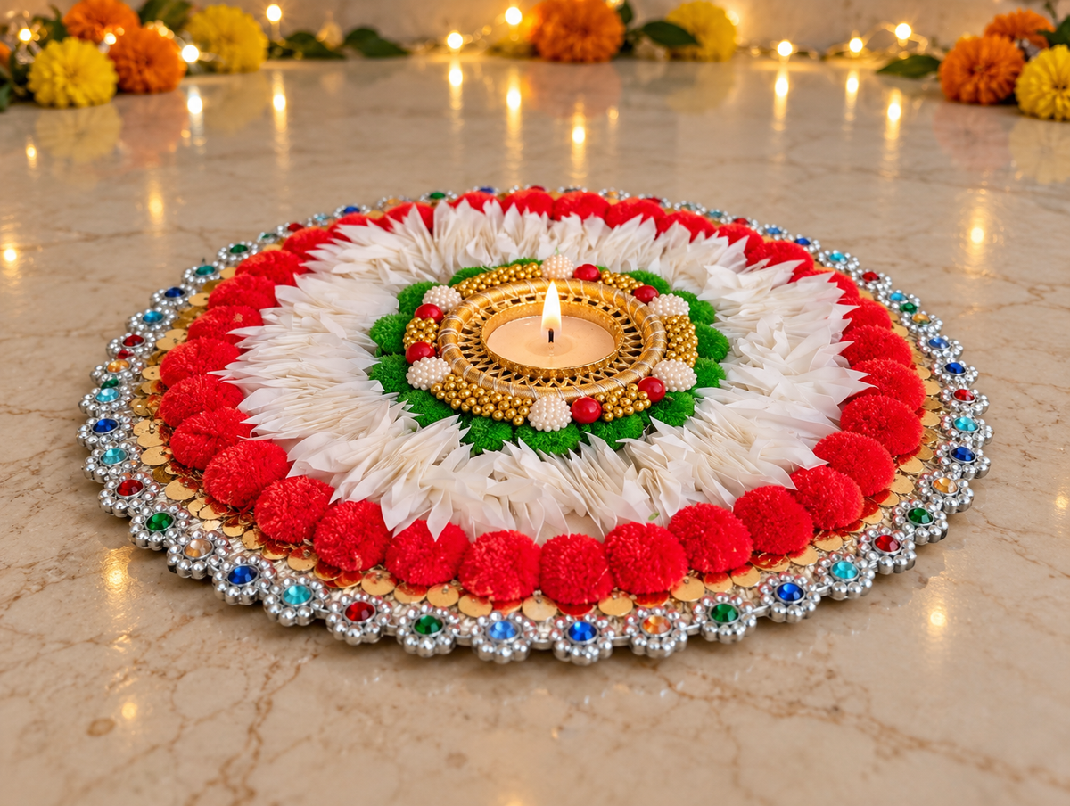 Red & White Pompom Rangoli – Handmade Diwali Tealight Centerpiece, 25 in