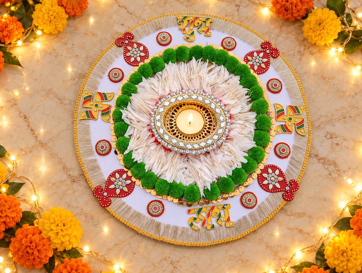 Green & White Pompom Rangoli – Handmade Diwali Tealight Decor, 14 in