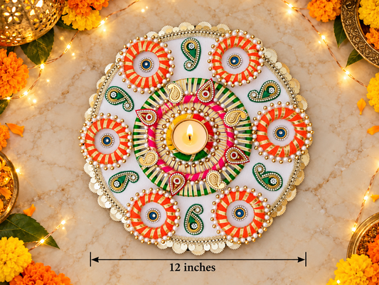 Marigold Glow Rangoli – Orange & Ivory Diwali Tealight Centerpiece, 12 in