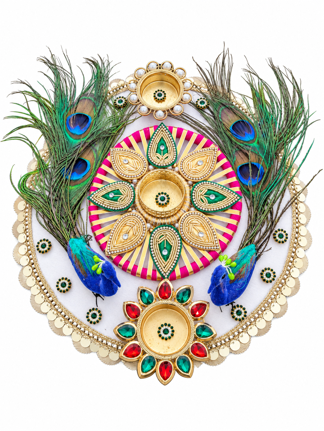 Peacock Feather Rangoli – Ivory Handmade Diwali Tealight Decor, 12 in