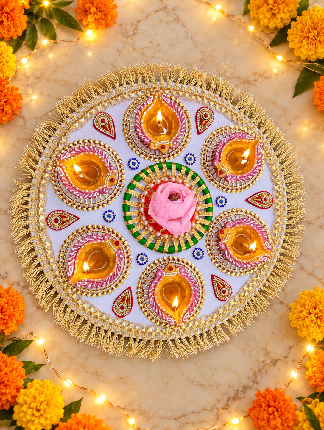 Pink Diya Bloom Rangoli – Handmade Six-Diya Diwali Floor Decor, 13 in