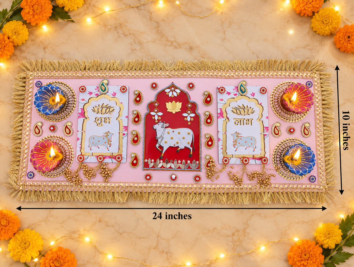 Sacred Cow & Shubh Labh Rangoli – Diwali Diya Decor, 24 × 10 in