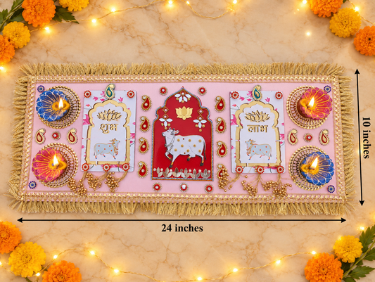 Sacred Cow & Shubh Labh Rangoli – Diwali Diya Decor, 24 × 10 in