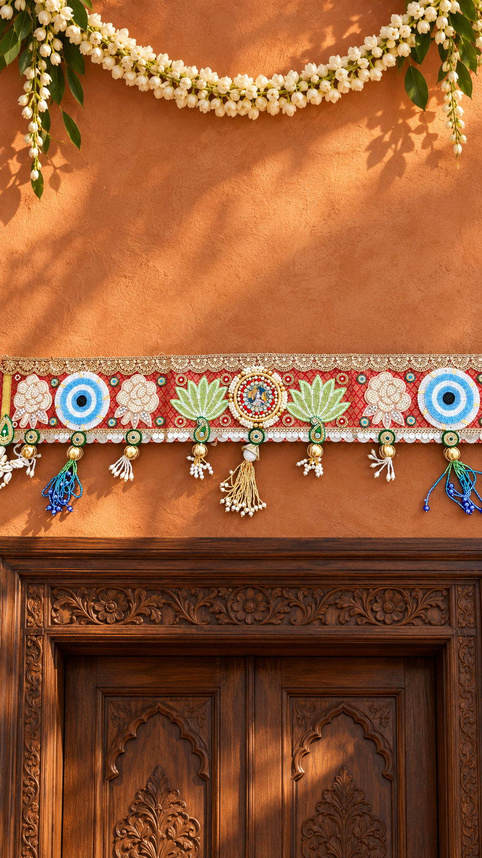 Krishna Lotus & Blue Medallion Toran – Handmade Diwali Door Hanging, 36 × 5 in