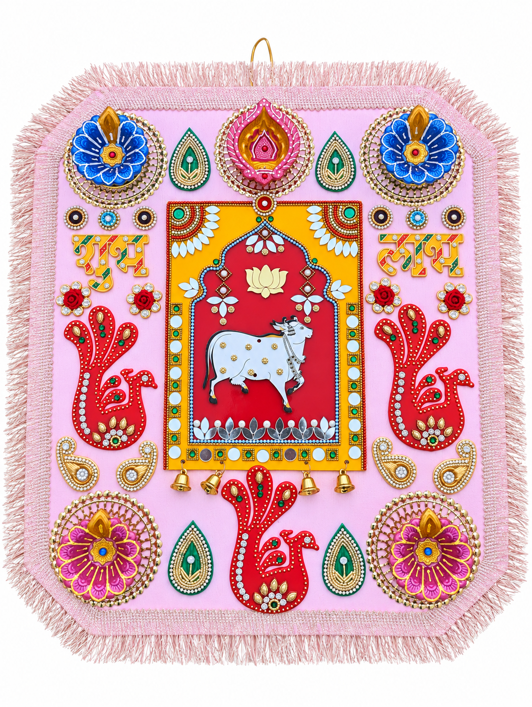 Sacred Cow Rangoli – Handmade Lotus & Paisley Diwali Diya Decor, 12 × 16 in