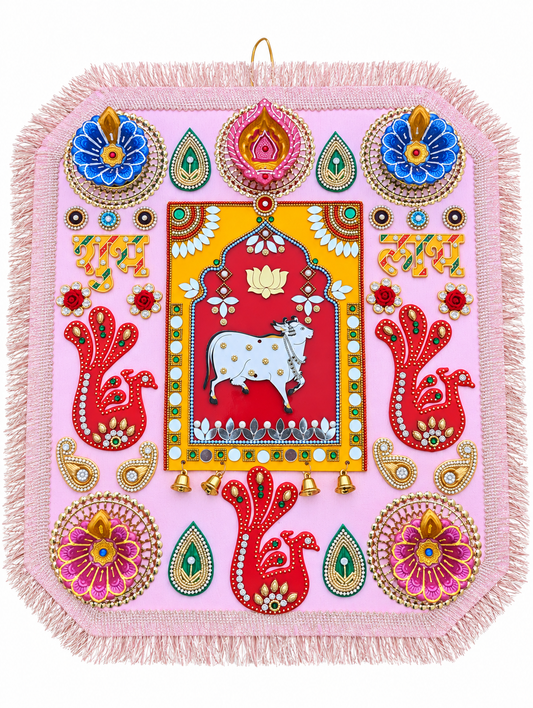 Sacred Cow Rangoli – Handmade Lotus & Paisley Diwali Diya Decor, 12 × 16 in