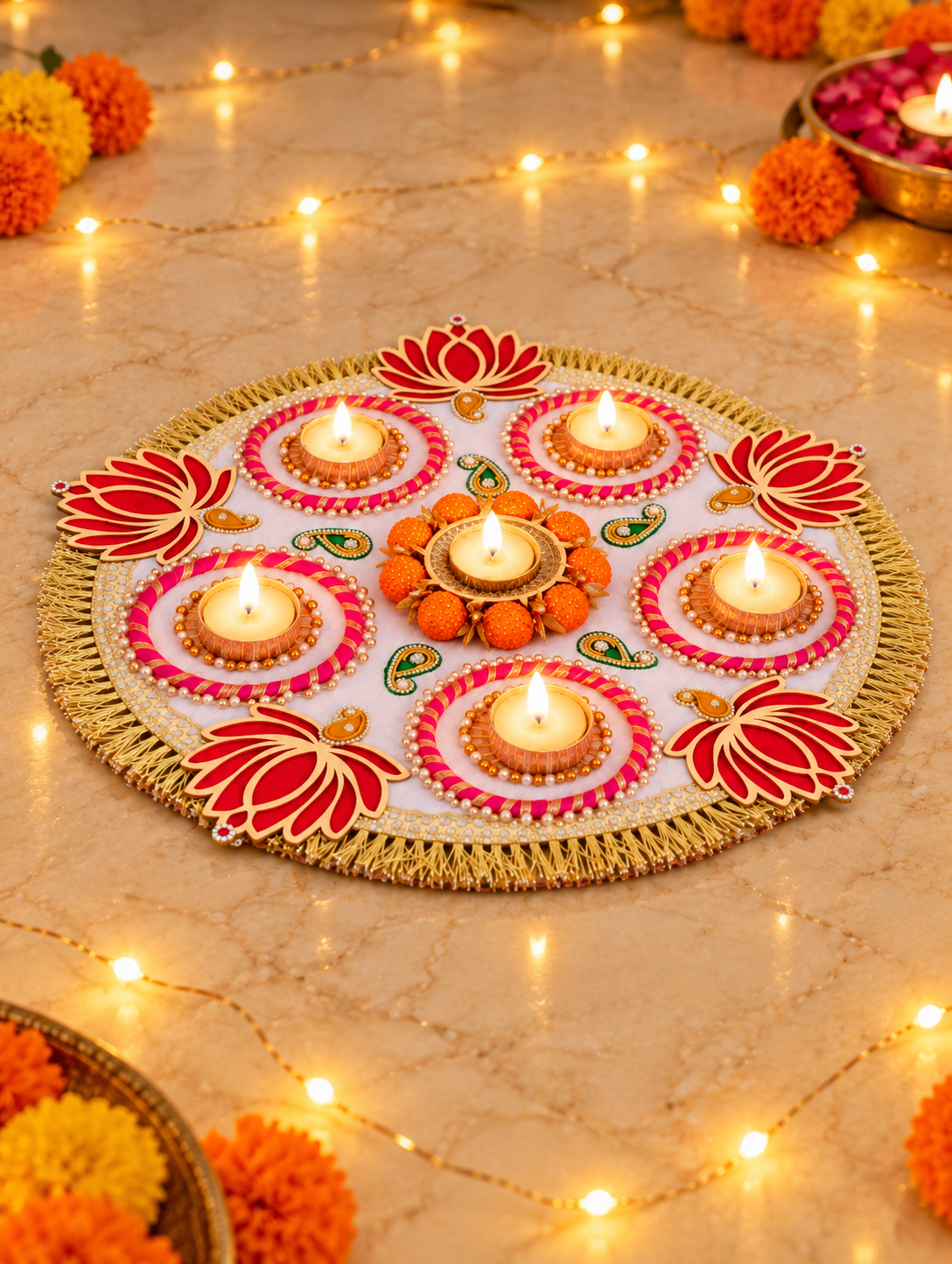 Crimson Lotus Rangoli – Round Diwali Tealight Centerpiece, 17 in