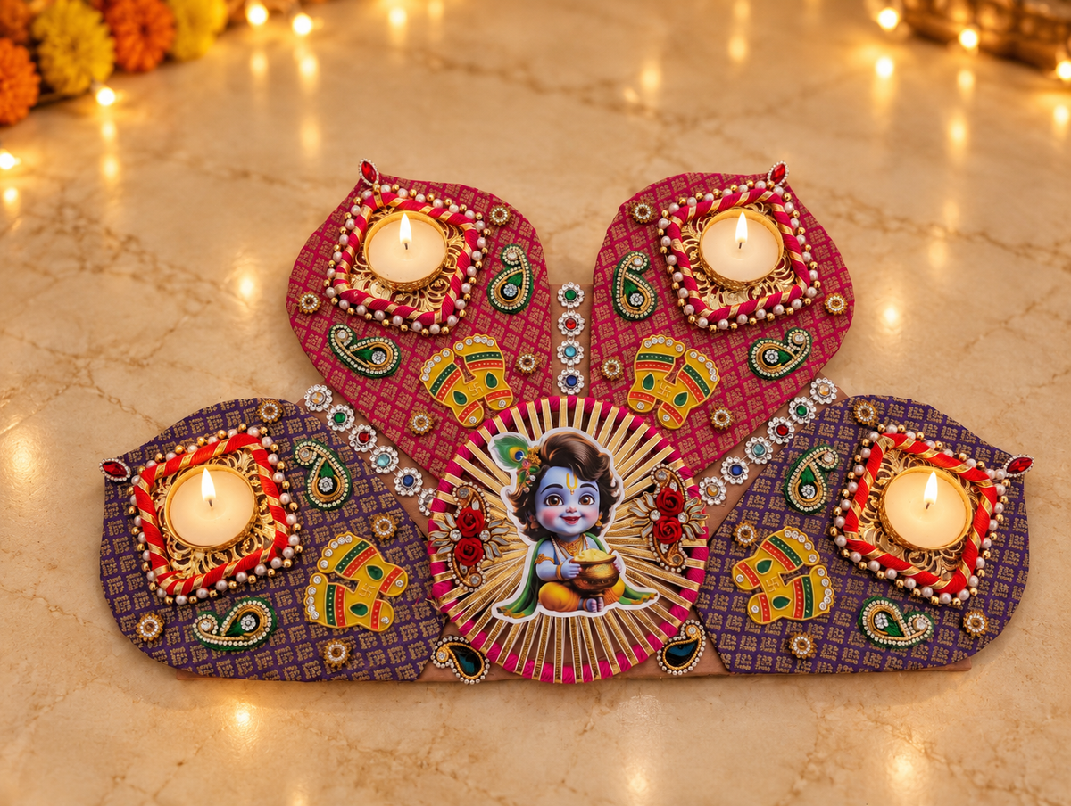 Little Krishna Rangoli – Magenta & Purple Half-Circle Diwali Tealight Decor, 17 in