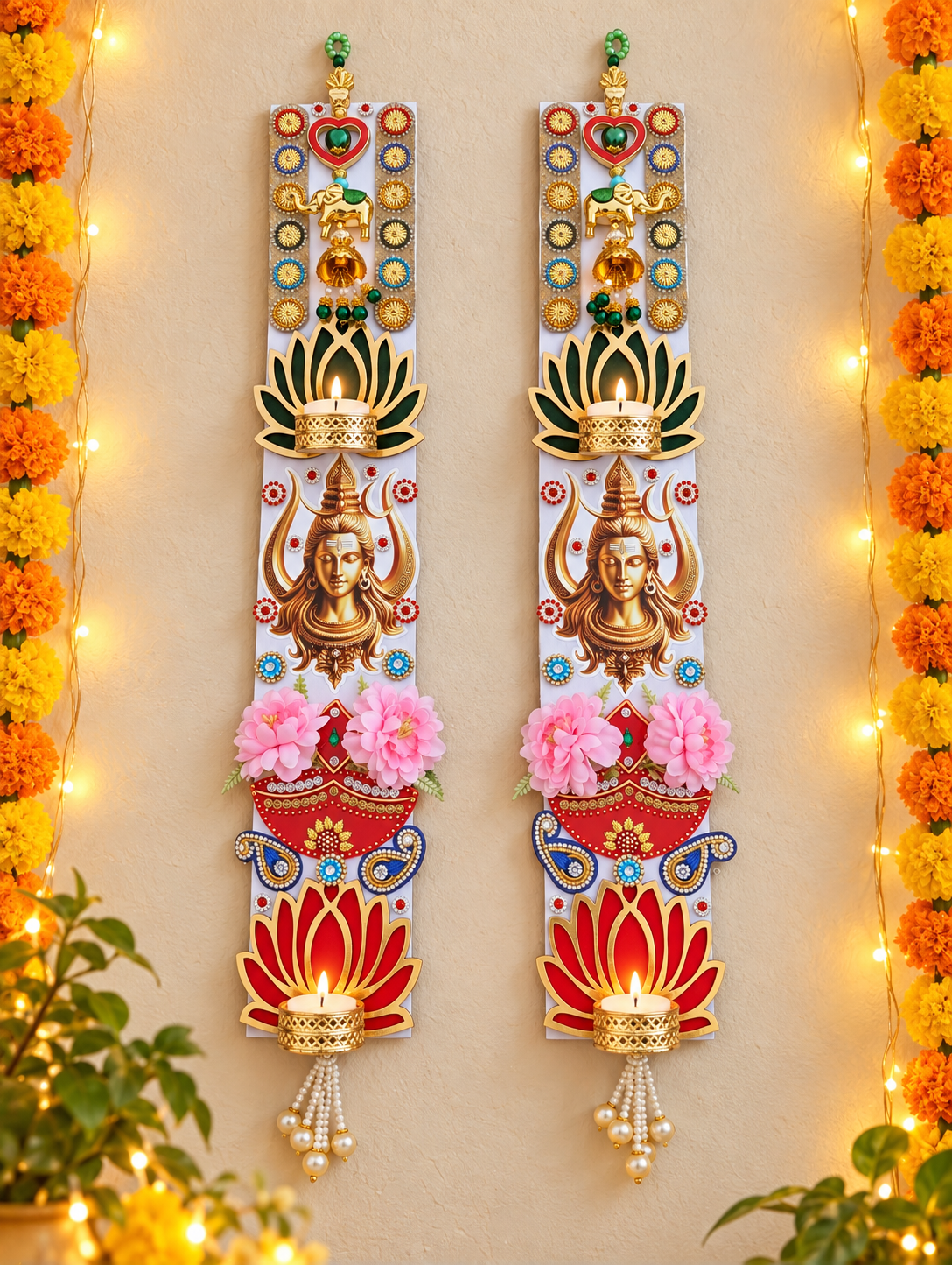 Lord Shiva Wall Hanging Pair – Handmade Lotus Diwali Decor, 3 × 18 in Each