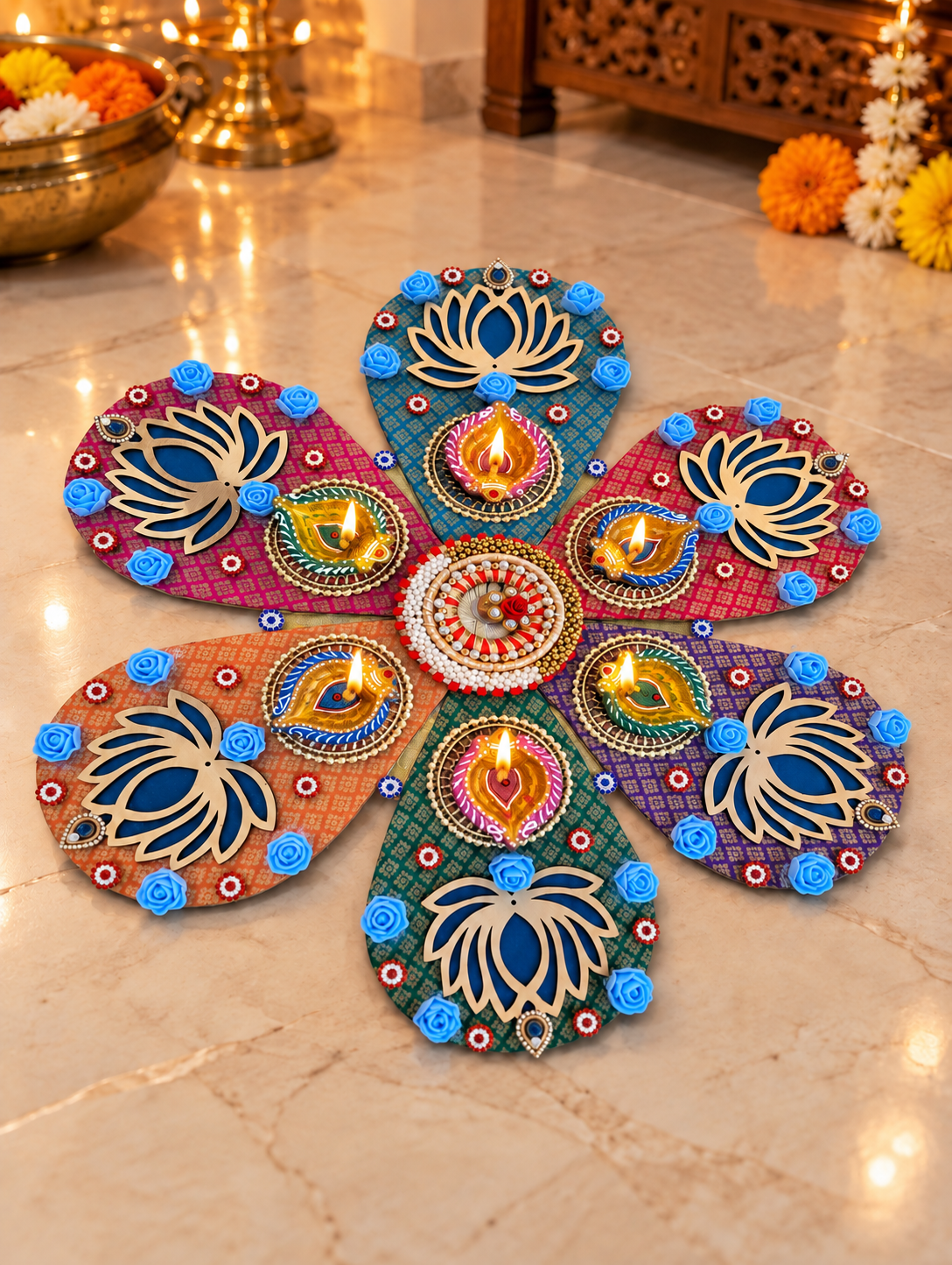 Lotus Petal Rangoli – Multicolor Handmade Diwali Decor with Diyas, 20 in