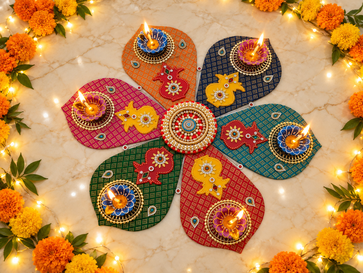 Kalash Petal Rangoli – Jewel-Tone Handmade Diwali Diya Decor, 20 in