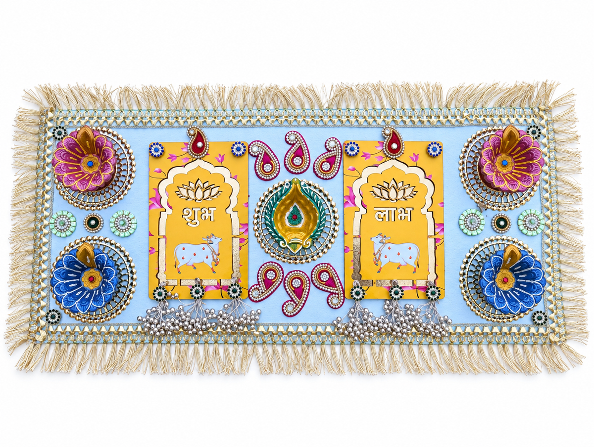 Shubh Labh Cow Rangoli – Handmade Diwali Diya Decor, 23 × 9 in