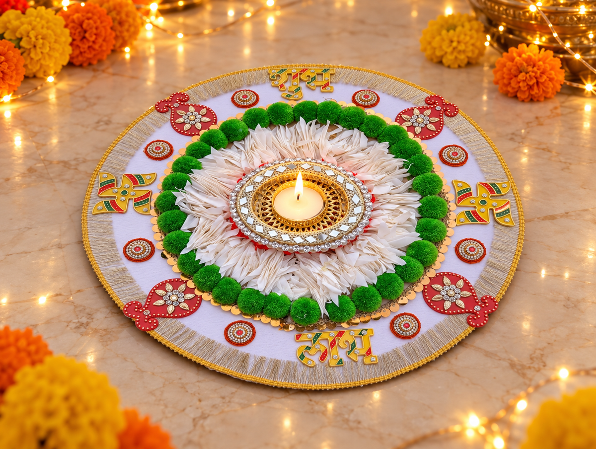 Green & White Pompom Rangoli – Handmade Diwali Tealight Decor, 14 in