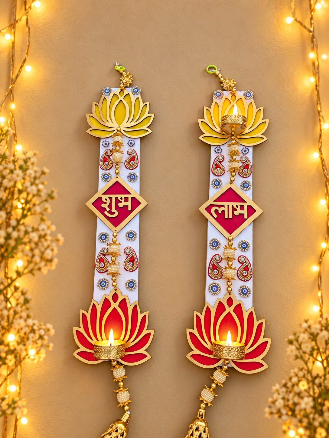 Shubh Labh Wall Hanging Pair – Handmade Lotus Diwali Door Decor, 3 × 18 in Each