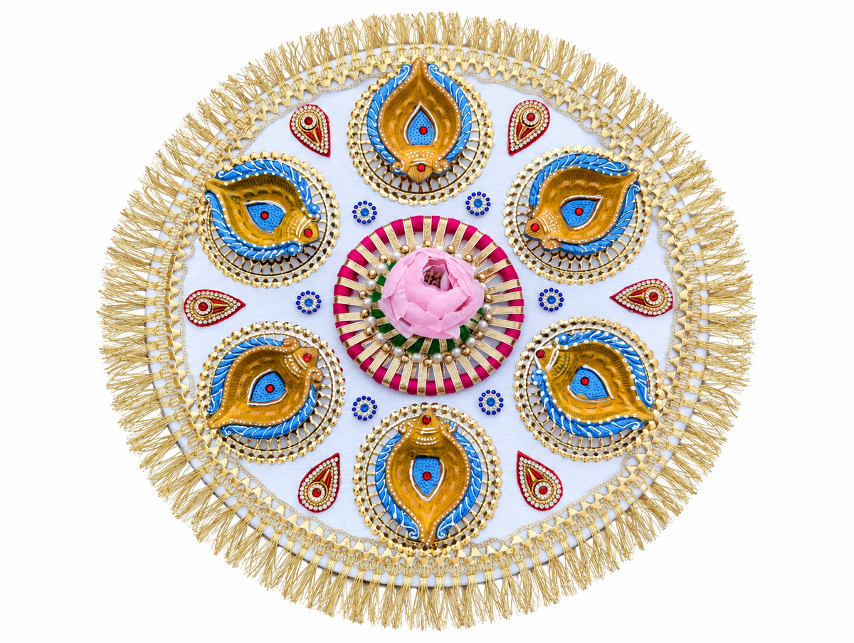 Blue Diya Bloom Rangoli – Handmade Six-Diya Diwali Floor Decor, 13 in