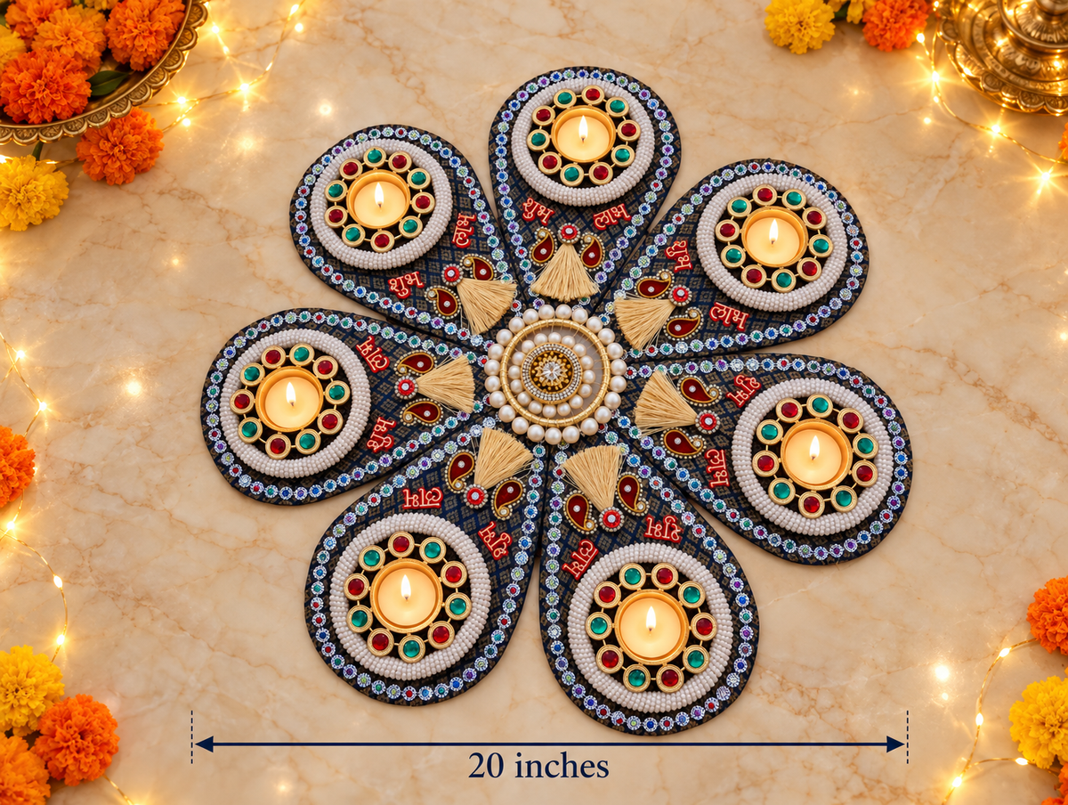 Midnight Jewel Rangoli – Seven-Petal Diwali Tealight Centerpiece, 20 in
