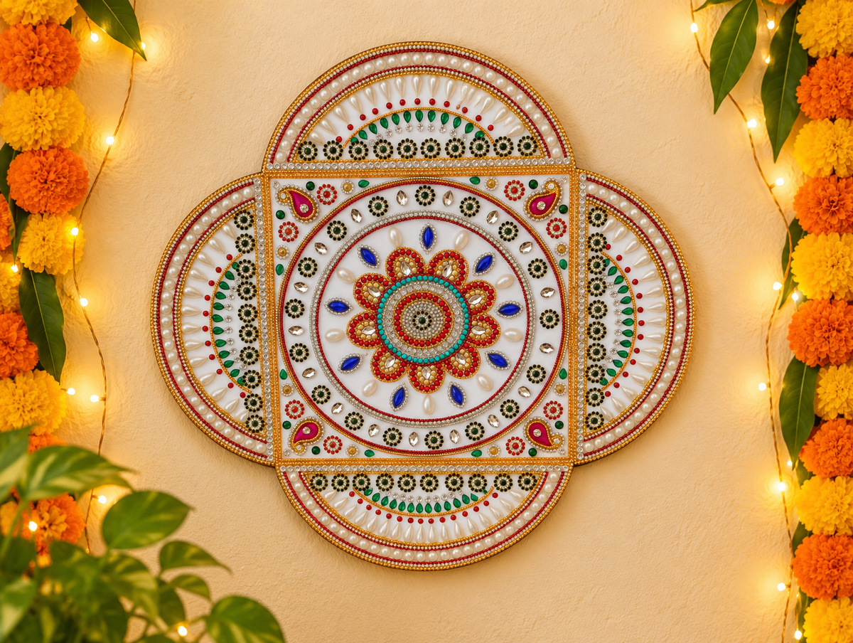 Royal Lotus Mandala Wall Art – Handmade Jeweled Diwali Wall Decor, 14 in